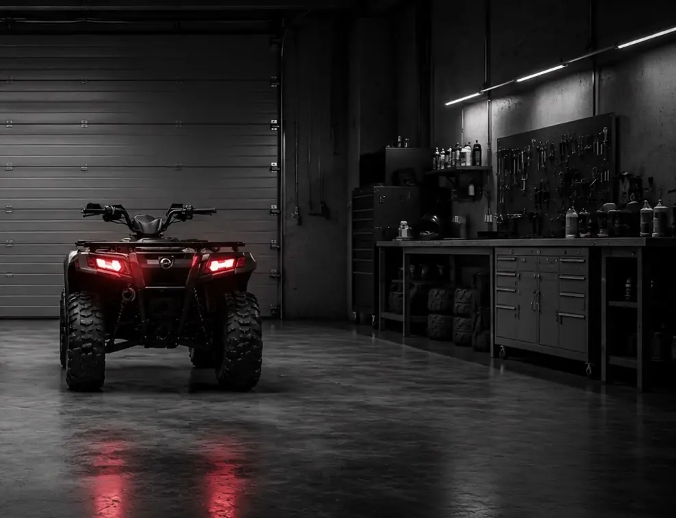 Quad mit leuchtenden Rücklichtern in der Werkstatt von Action Factory
